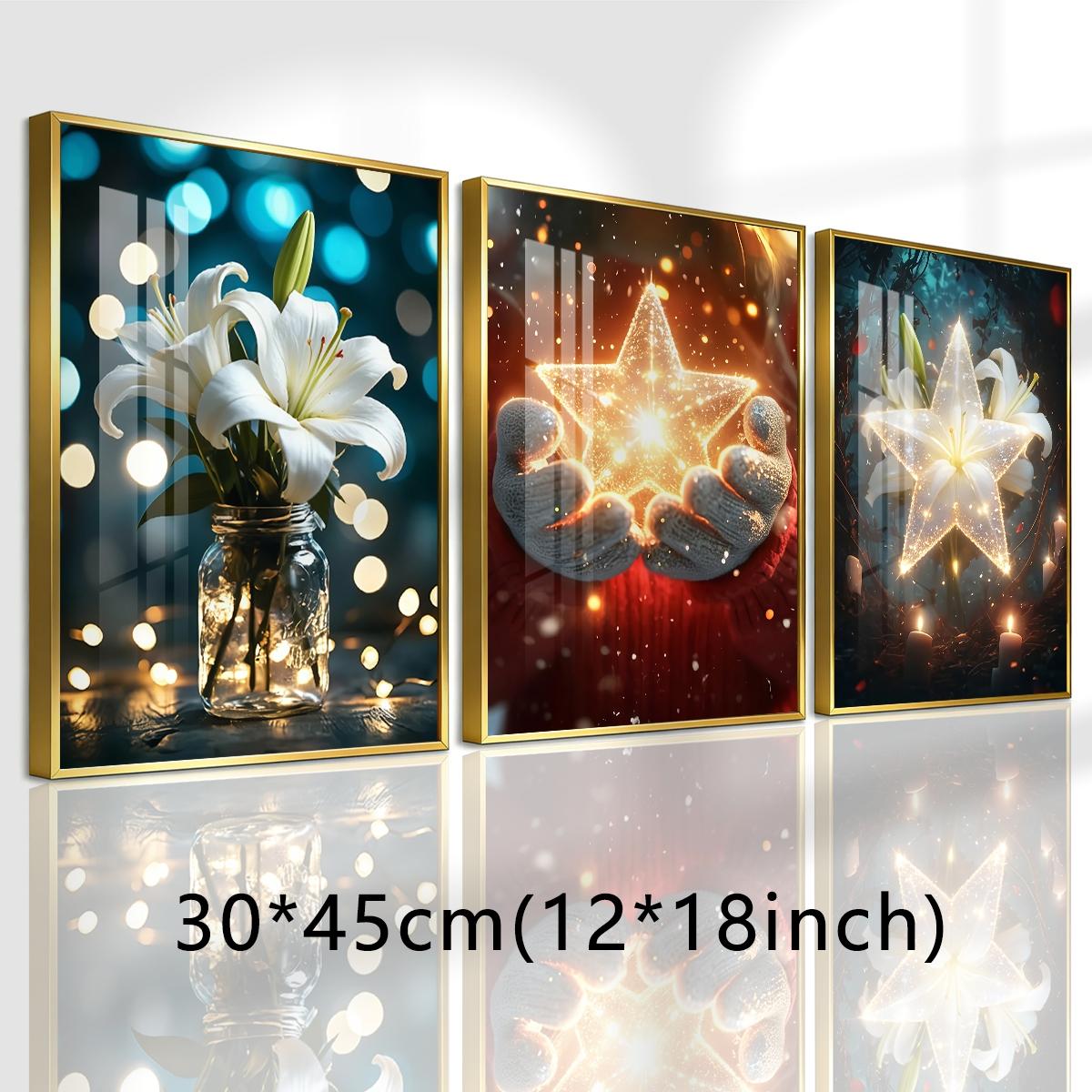 3 Counts Aluminum Alloy Framed Painting, White Lily And Glowing Star Art Pictures, Home Decoration For Living Room, Bedroom, Office, Restaurant, Hallway Wall Decor, Odorless Print Artwork, Luxury Perfect Gift For Friends And Family