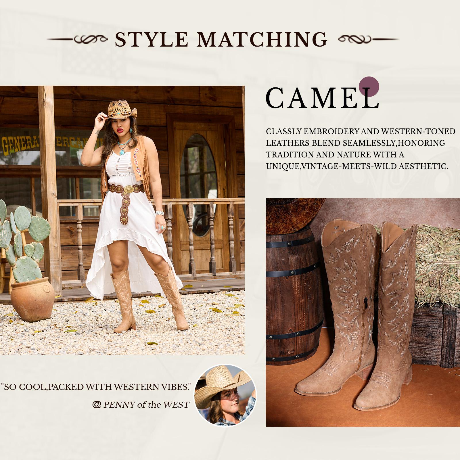 IUV Cowboy Boots For Women Knee High Boots Pointy Toe Women's Western Boots Side Zipper Chunky Heel Cowgirl Boots