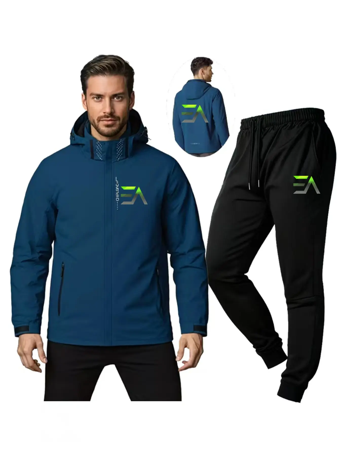 Men's Casual Jacket and Pants Set, 3a Logo Fall Winter Hooded Jacket, Warm Outdoor Hiking Gear, Durable Material, Quick-Dry Breathable