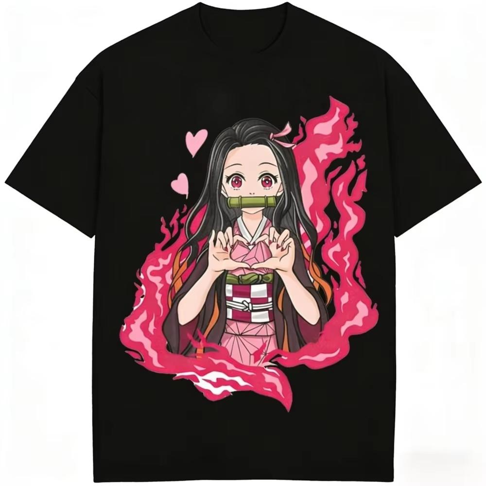 Devil Killer Nezuko Kamado T-shirt 2026 Summer New Anime Printed Men's and Women's Loose Casual Parent Child Short Sleeved Top