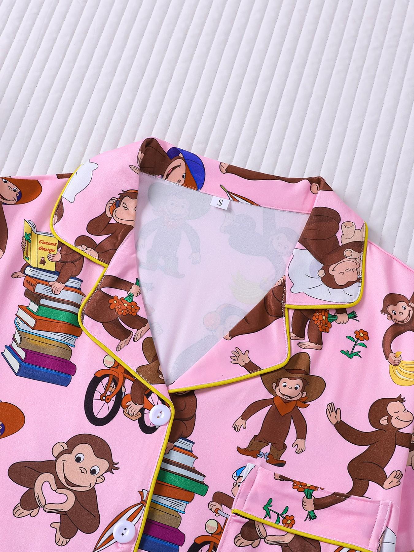 Women's 2 Piece Curious George Cartoon Print Pajamas Set, Cute Monkey Pattern Short Sleeve Button Down Shirt & Shorts Loungewear, Soft Comfy Sleepwear with Chest Pocket & Elastic Waist, Casual All-Season Homewear for Daily Relaxation