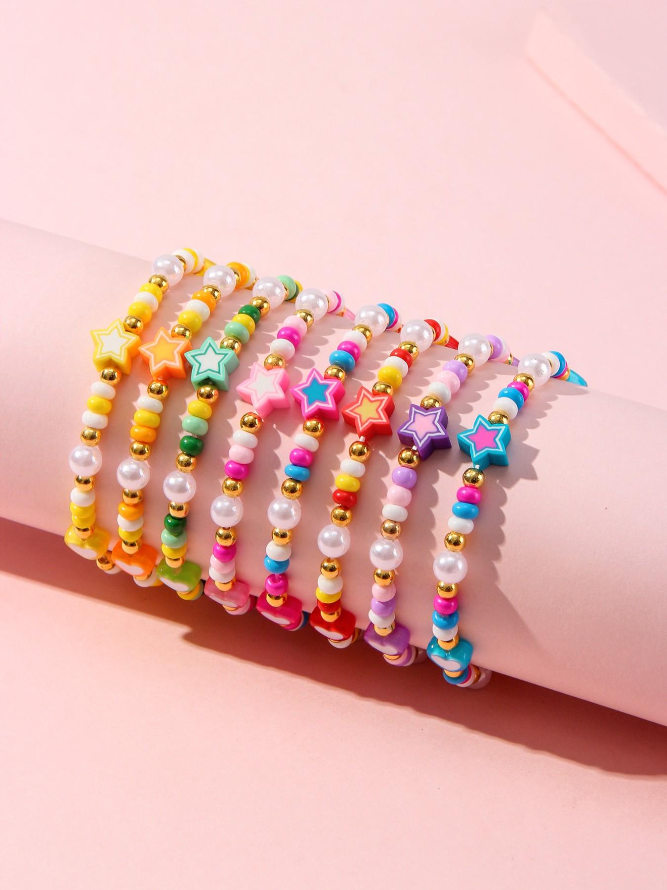 8pcs/set Multicolor Acrylic Heart Star Glass Pearl Beaded Bracelets, Girls' Party Gifts, All Seasons Fashion Accessories