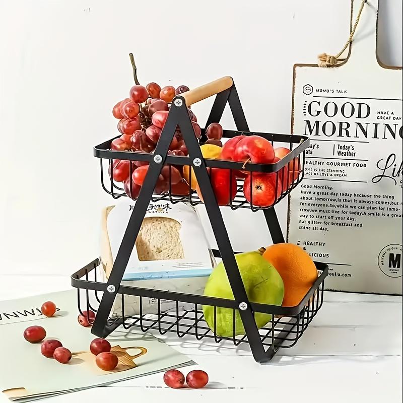1pc 2/3-Tier Iron Drain Basket with Wooden Handle - Removable Wire Mesh Food-Safe Countertop Storage Organizer for Kitchen, Bathroom, Fruits & Vegetables - Space-Saving Home Organization Solution, Kitchen Storage Basket, Bathroom Organizer,