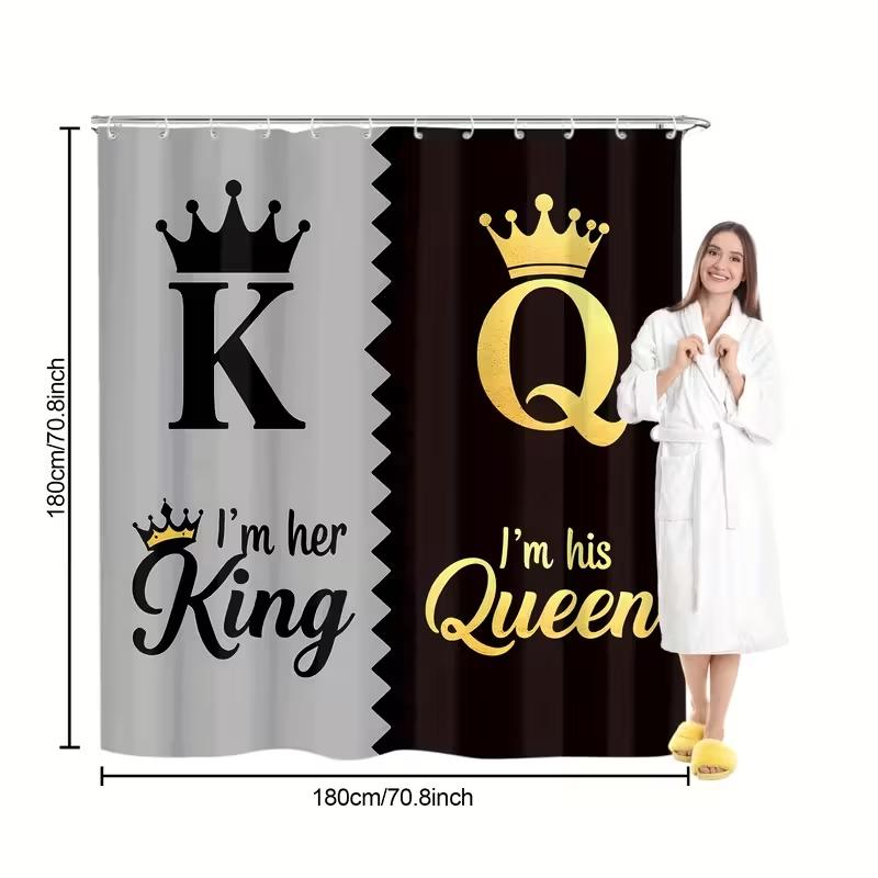 1/4pc King and Queen Pattern Shower Curtain Set, Bathroom Shower Equipment, including shower curtain, toilet seat cover, rectangular mat, and U-shaped mat, perfect for bathroom décor, beautifying the space. Comes with 12 shower curtain hooks.