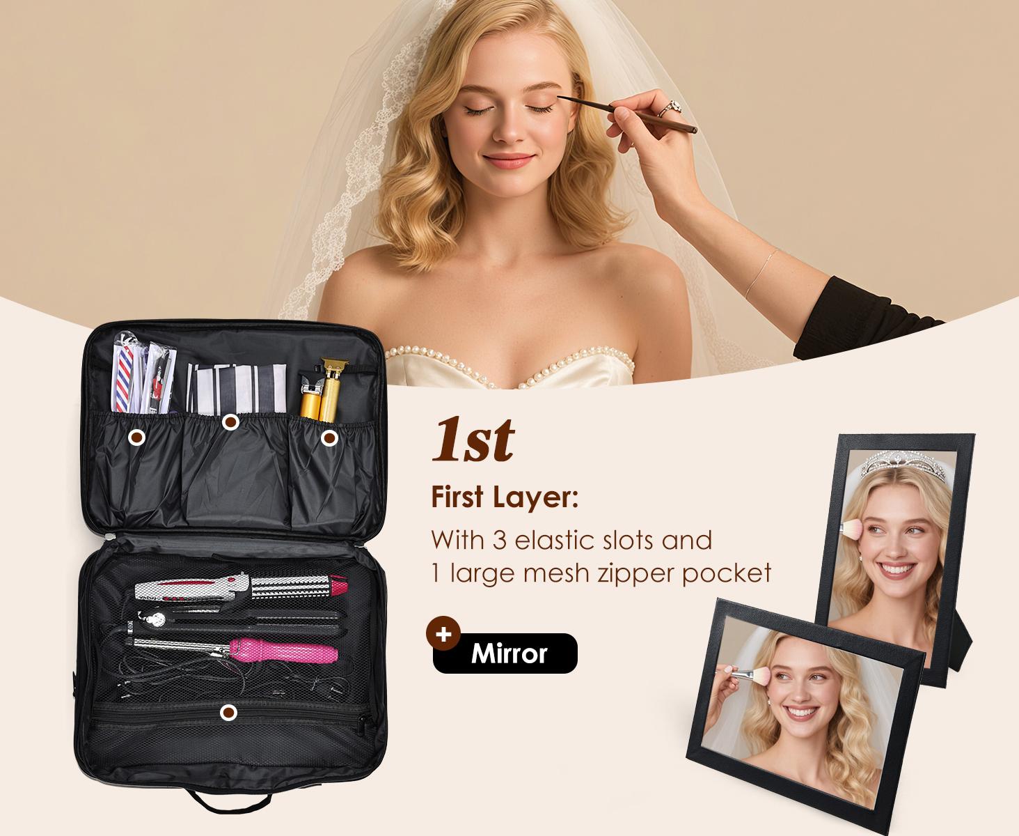 3 Layers Extra Large Makeup Case with Mirror 3 Clear Bags Shoulder Strap Trolley Sleeve Travel Train Case Professional Makeup Box Nail Organizer Salon Barber Suitcase