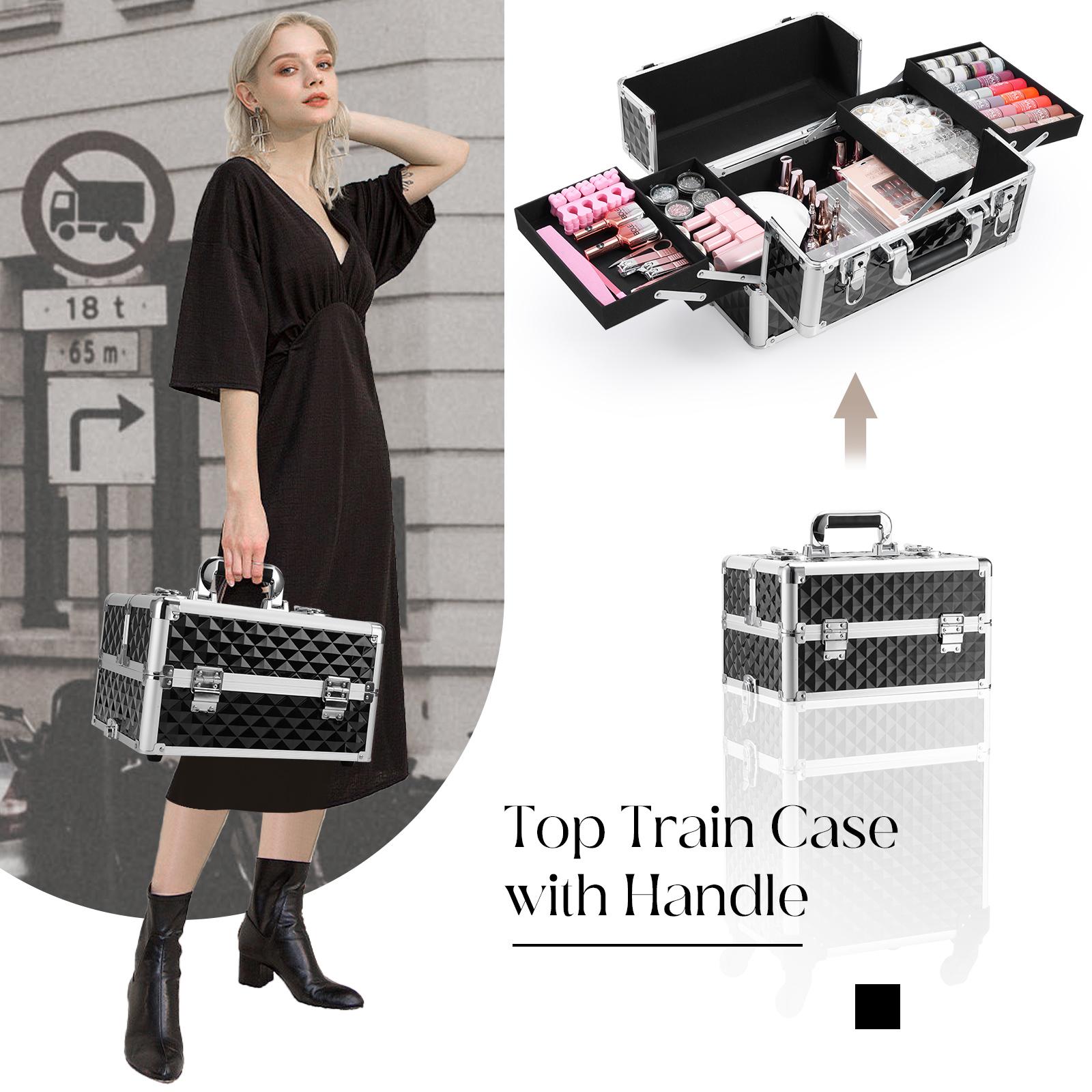 3 in 1 Rolling Makeup Train Case Large Cosmetic Trolley Salon Barber Case for Make Up Hairstylists Nail Tech Aluminum Makeup Trolley Case