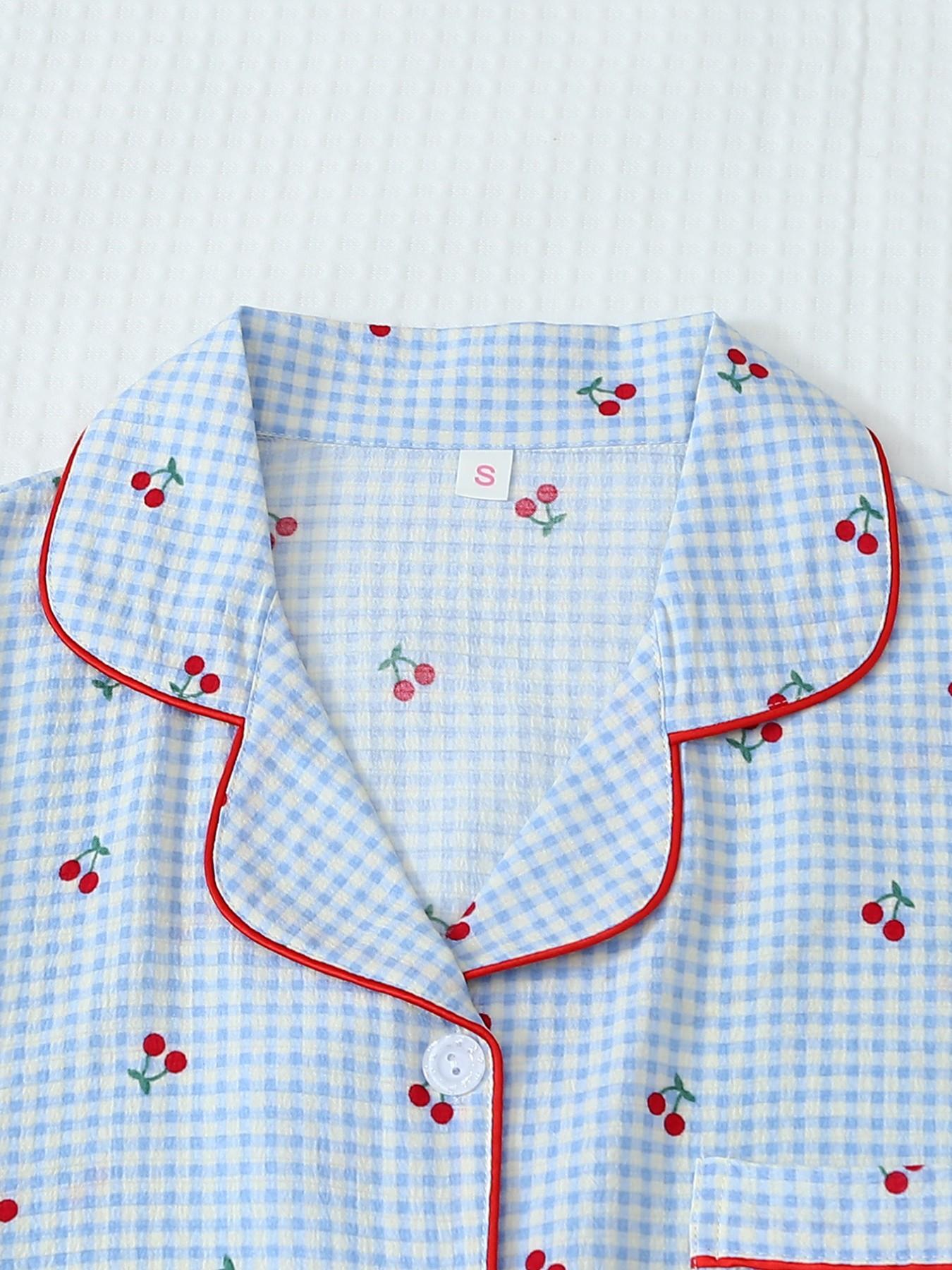 Women's Short Sleeve Button Down Top and Shorts Pajama Set, Spring Summer Wear, For Energetic Teen Girls, Blue White Gingham With Bright Cherry Print, Classic Lapel Collar, Loose Vitality Fit, Comfortable For Home & Gatherings