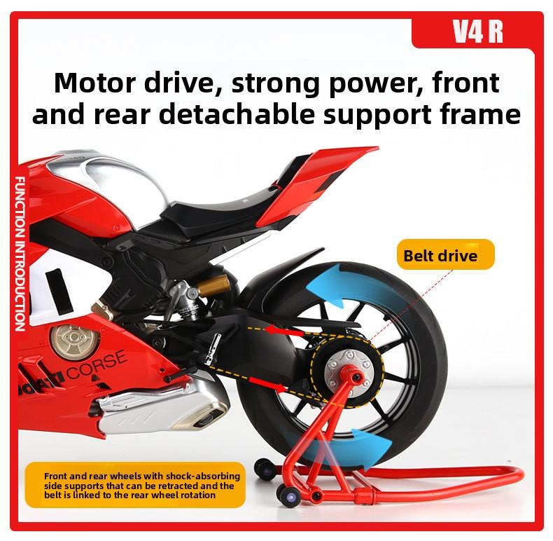 1:6 Ducati V4R electric motorcycle model, capable of starting, with flashing lights, chain-driven, rear wheel rotation, supports adding fuel to the fuel tank. It is an excellent choice for collection and gift giving.