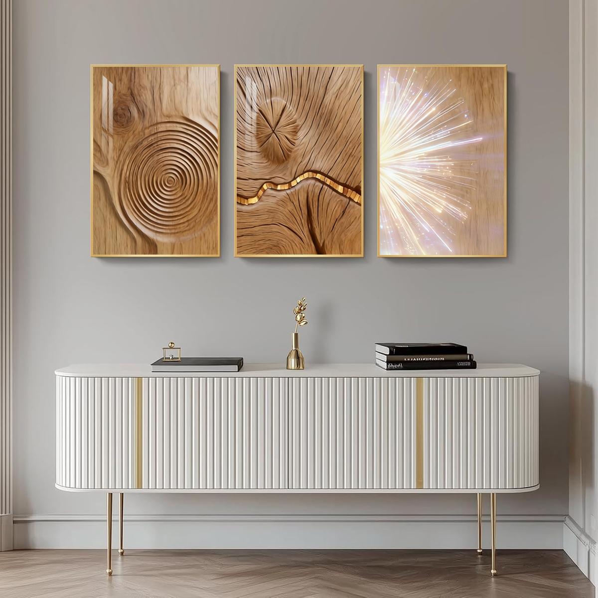 3 Counts Aluminum Alloy Framed Painting, Abstract Wood Texture And Light Burst Pictures, Home Decoration For Living Room, Bedroom, Office, Restaurant, Hallway Wall Decor, Odorless Print Artwork, Luxury Perfect Gift For Friends And Family