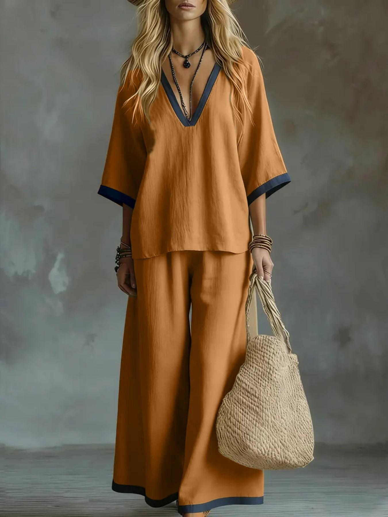 2026 Summer Women's Solid Color Two Piece Set, V Neck Half Sleeve Top, Loose Fit Long Pants, Casual Daily Streetwear, Co-Ord, Outfit