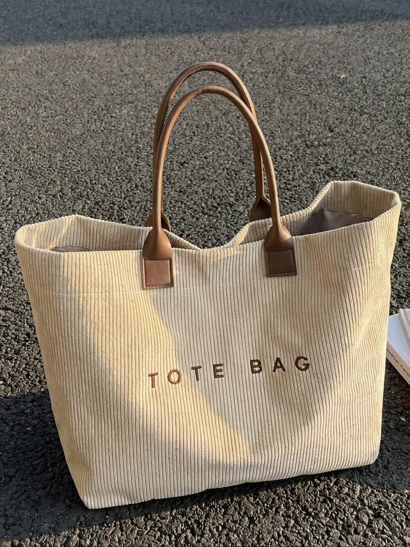 Large Capacity Corduroy Letter Design Handbag, Handbag Shoulder Purse, Casual Fashion Shoulder Bag, Work & Daily Use, Stylish Tote Bag for Fall & Winter