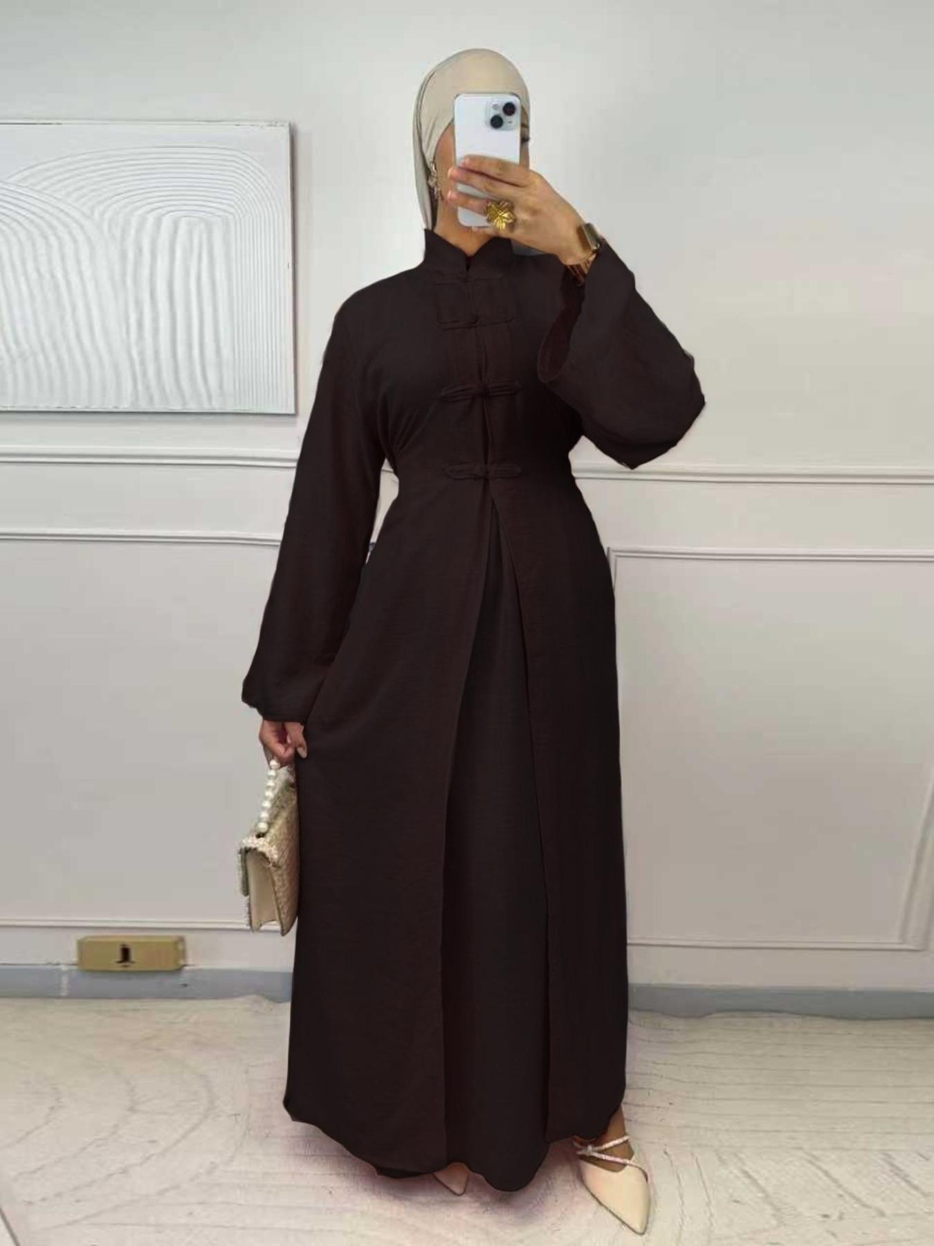 Women's Ramadan Muslim Abaya Solid Color Elegant Cardigan + Long Sleeve Dress Set, Casual Slim-Fitting Two-Piece, Modest Muslim Outfits, No Hijab Included