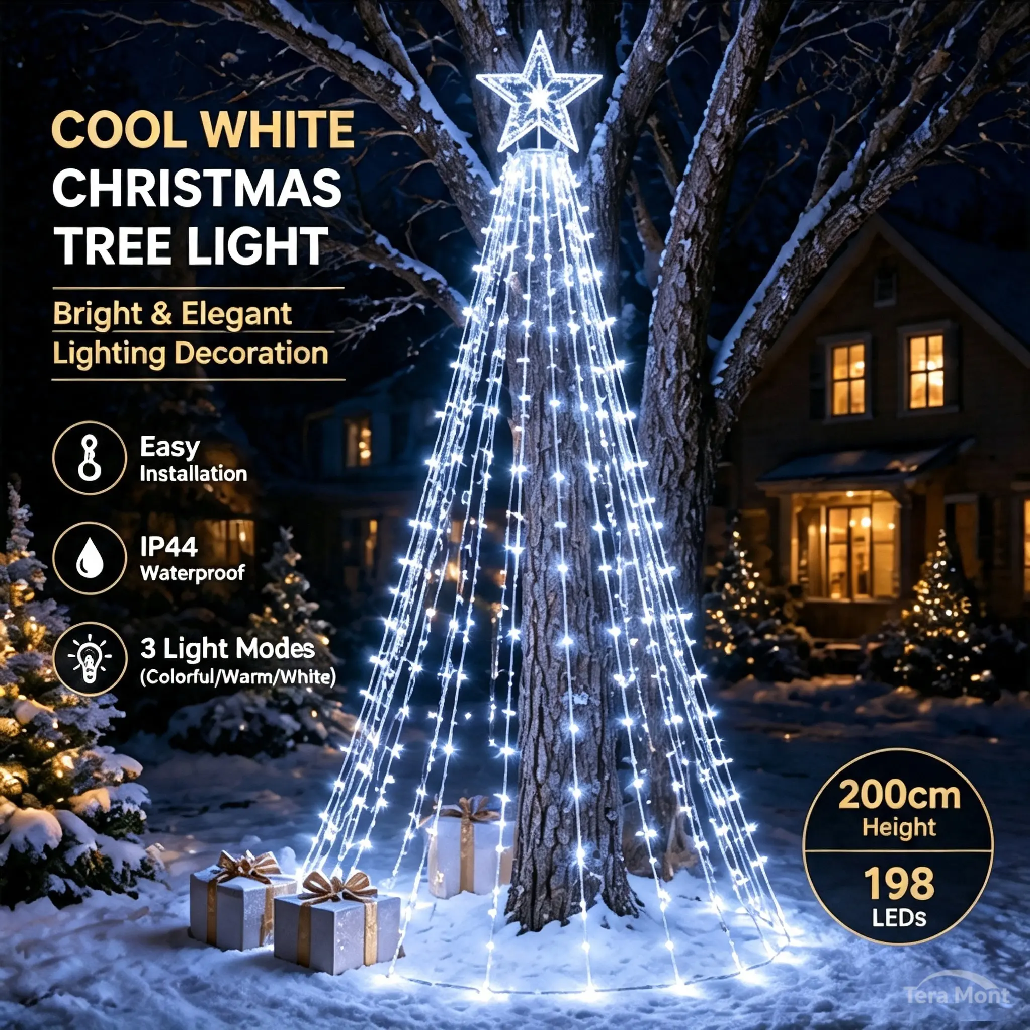 1pc Christmas Decorative Star Waterfall Tree Light with 8 Modes, Perfect for Outdoor Garden, Yard, and Patio Holiday Decor