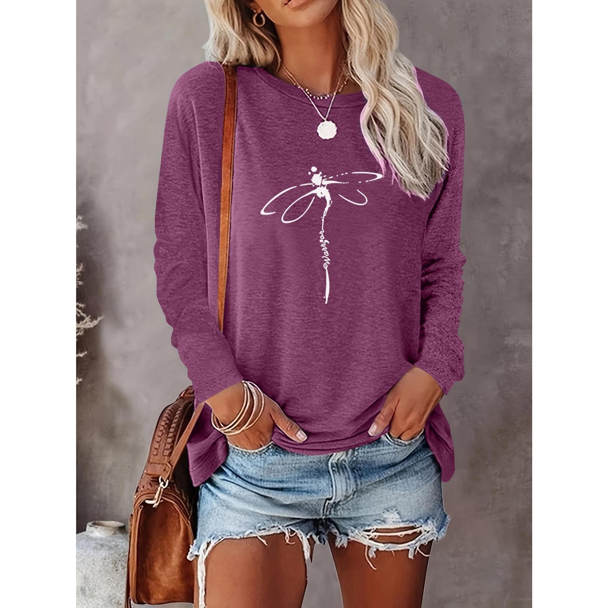 Women's Dragonfly Print Round Neck Tee, Casual Long Sleeve Crew Neck T-Shirt for Summer, Fashion Women's Top for Daily Wear, Everyday
