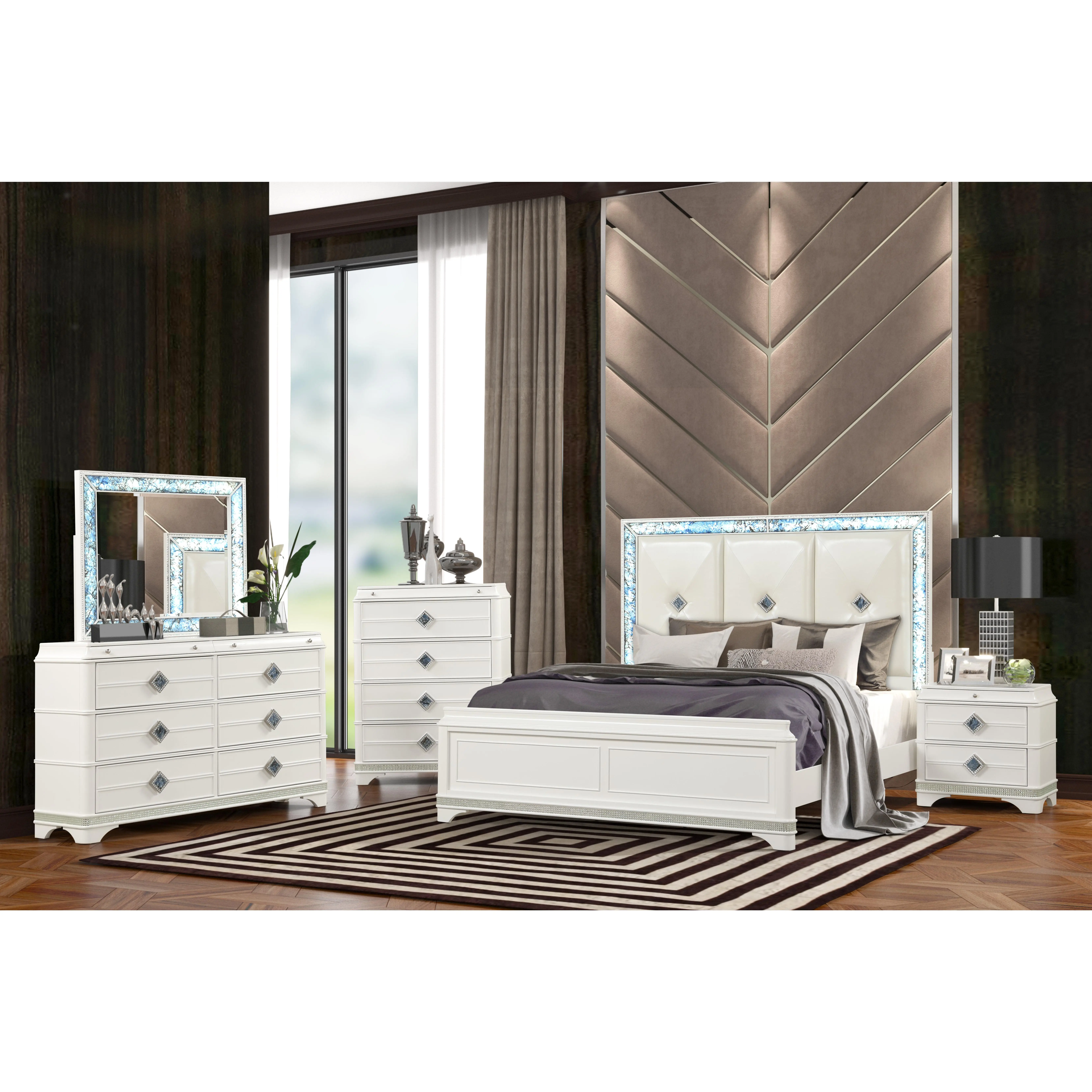 Nokaa Modern 5-Piece King Upholstered Bedroom Set with LED Lighting, Crystal Accents, White Finish, Acacia Wood, Faux upholstered, Dresser, Chest, Mirror, Nightstand, Box Spring Required, Bedroom Furniture Suite, White Color