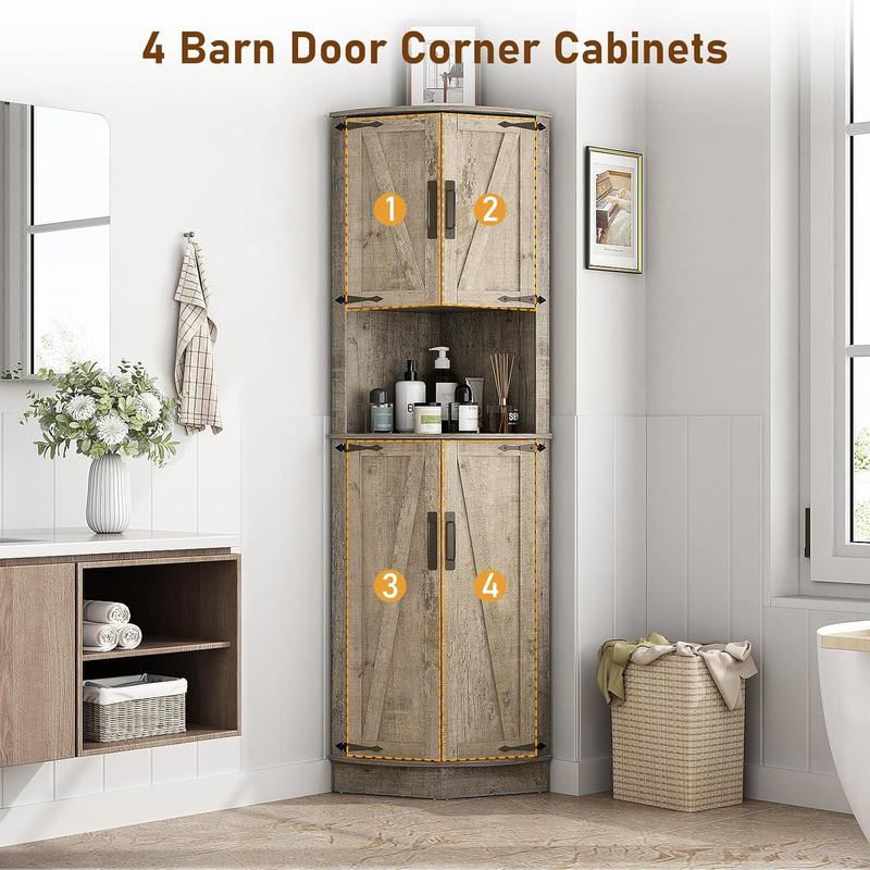 68" Tall Farmhouse Corner Cabinet, Dining Room Storage Cabinet with 4 Barn Doors and 5 Level Storage with Adjustable Shelves, for Kitchen, Living Room, Laundry Room