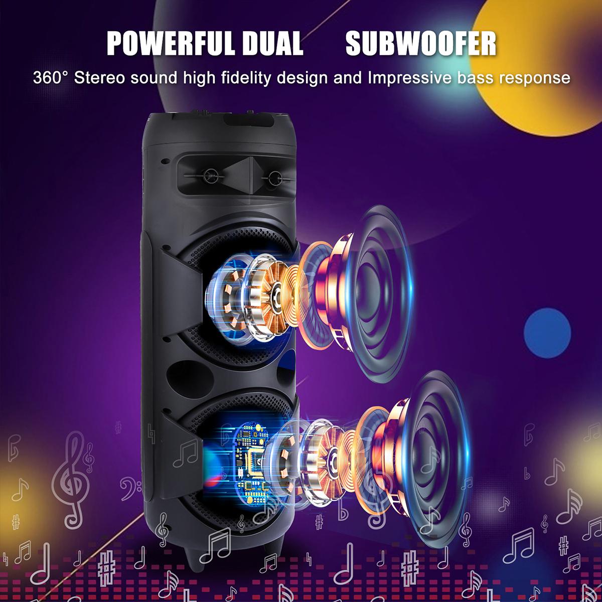 Portable Bluetooth Speaker Dual 6.5" SubWoofer Rechargeable Wireless Speaker Party Sound Box AUX / TWS / FM / Remote Control / Microphone / LED Audio