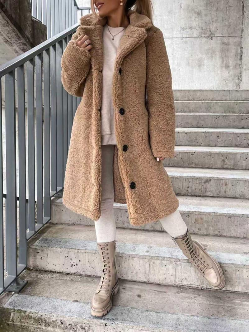 Women's Faux Fur Long Sleeve Lapel Coat, Plush Lined Overcoat, Casual Fashion Outerwear for Fall & Winter, Ladies' Warm Jacket