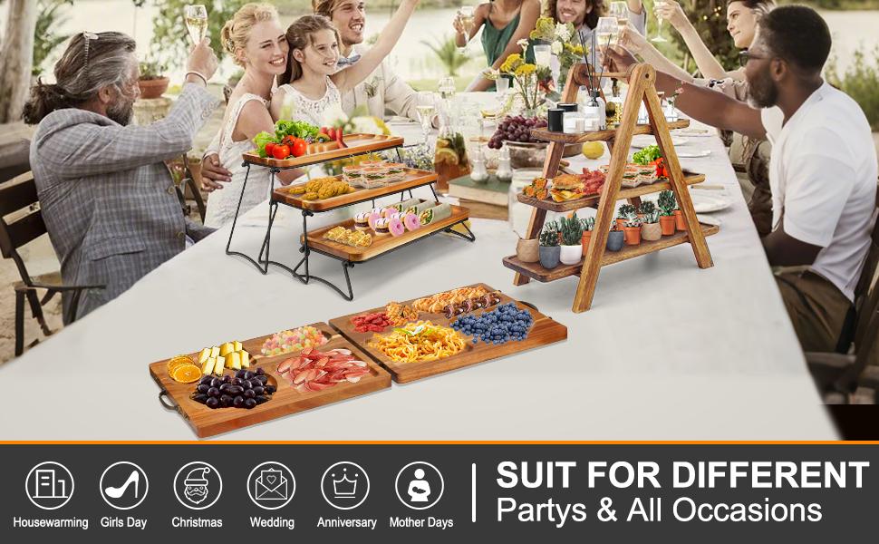 Wood 3 Tier Serving Tray Three Tiered Cupcake Stand, Rectangle Serving Platter Wooden Farmhouse Tiered Tray, Party Serving Brown Decorative Tray Decor