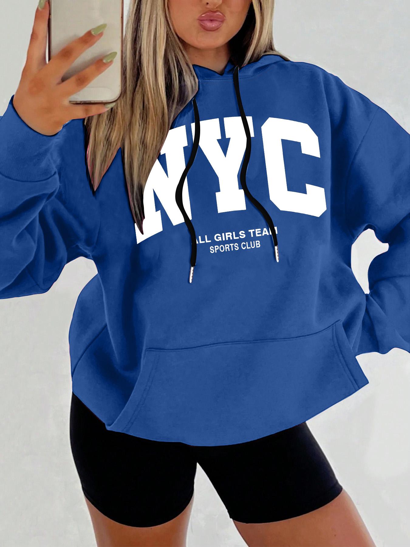 Women's Letter Print Drop Shoulder Hoodie, Fashion Casual Drawstring Pocket Hooded Sweatshirt for Daily Holiday Outdoor Wear, Women Clothing for Fall & Winter