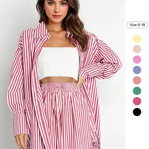 Women's Casual Striped Shirt and Pants Set, Long Sleeve Button Front Top, Split Thigh Design, Summer Matching Set, Fashionable Two-Piece Clothing, Blouse Shorts Set, Two Pieces Sets