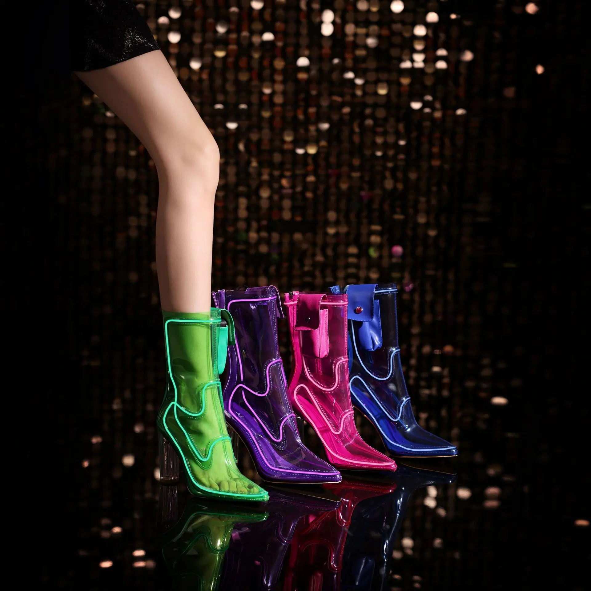 Clear Light-Up Pointed-Toe Chunky Heel Ankle Boots, Glow Fashion Boots for Parties & Night Events