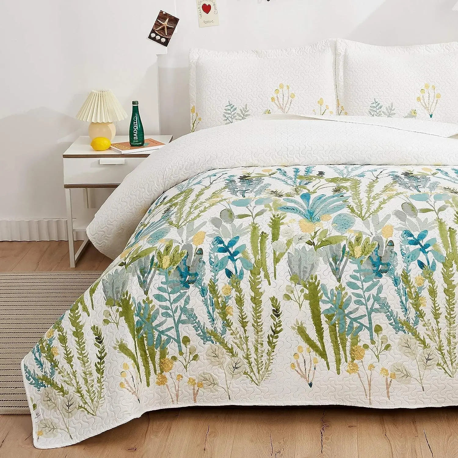 Full/Queen Size Floral Quilt Set Lightweight Bed Green Yellow Leaves Botanical Bedspread Daybed Cover Coverlet Lodge Cabin Garden Floral Bed Cover Blanket Rural Blossom Bedroom Decor