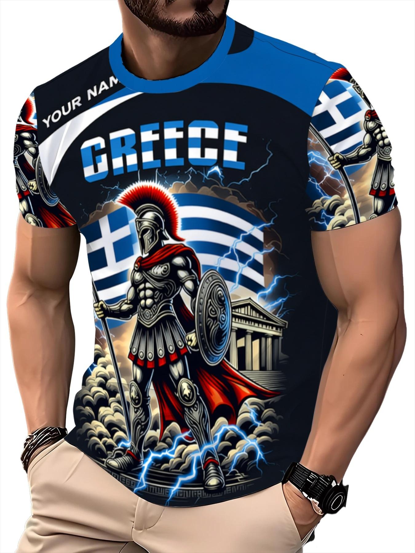 Greece Theme 3D Printed Short Sleeve T-Shirt, Men's Trendy Cultural Shirt, Custom Name Design, Greek Flag Pattern, Casual Sports Top