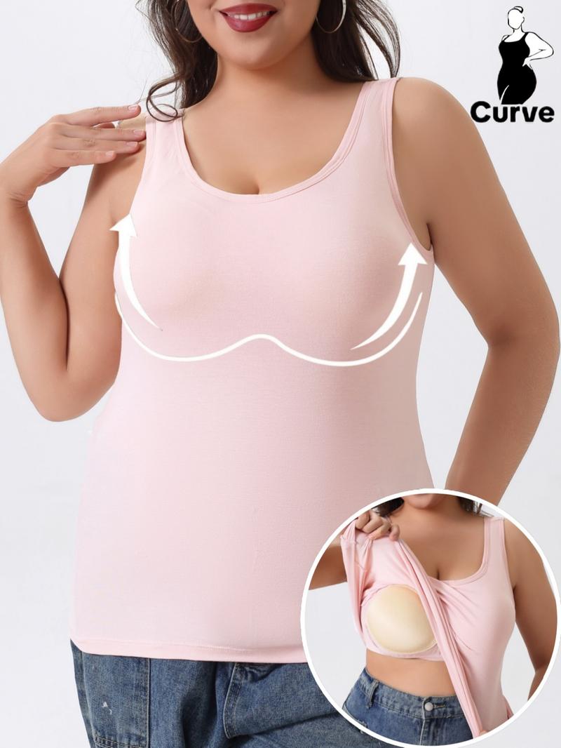 【Plus Size】 Solid Color Wireless Tanks, Soft Comfortable Breathable Tanks with Built in Bra, Women's Underwear for Daily Wear
