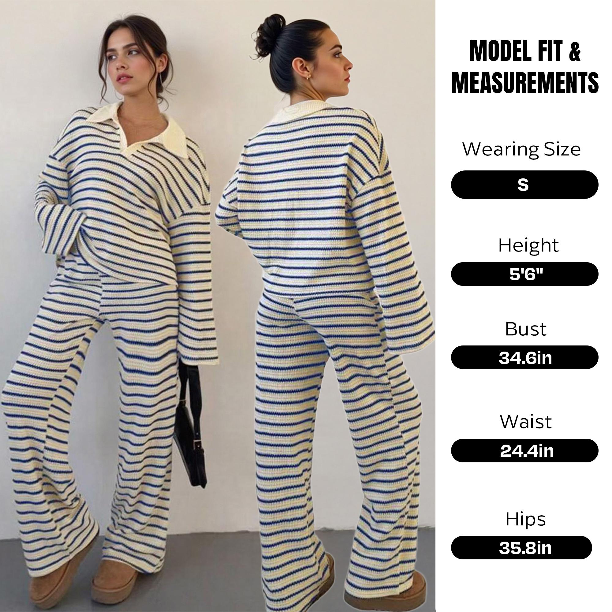 KatchMe Women's Casual Color Matching Stripe Long Sleeve Top & Wide Leg Trousers Co-ord, Soft V-Neck Loose Two Piece Outfits, Comfortable Womenswear(2)