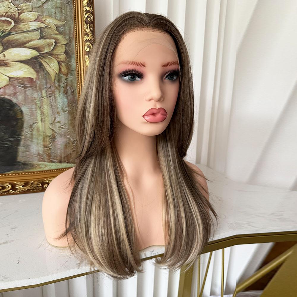 Lovestory Penelope Hair Blonde Highlight Synthetic Lace Front Wigs Heat Resistant 20Inch Pre Cut Pre Layered Lace Front Wigs for Women Natural Hairline