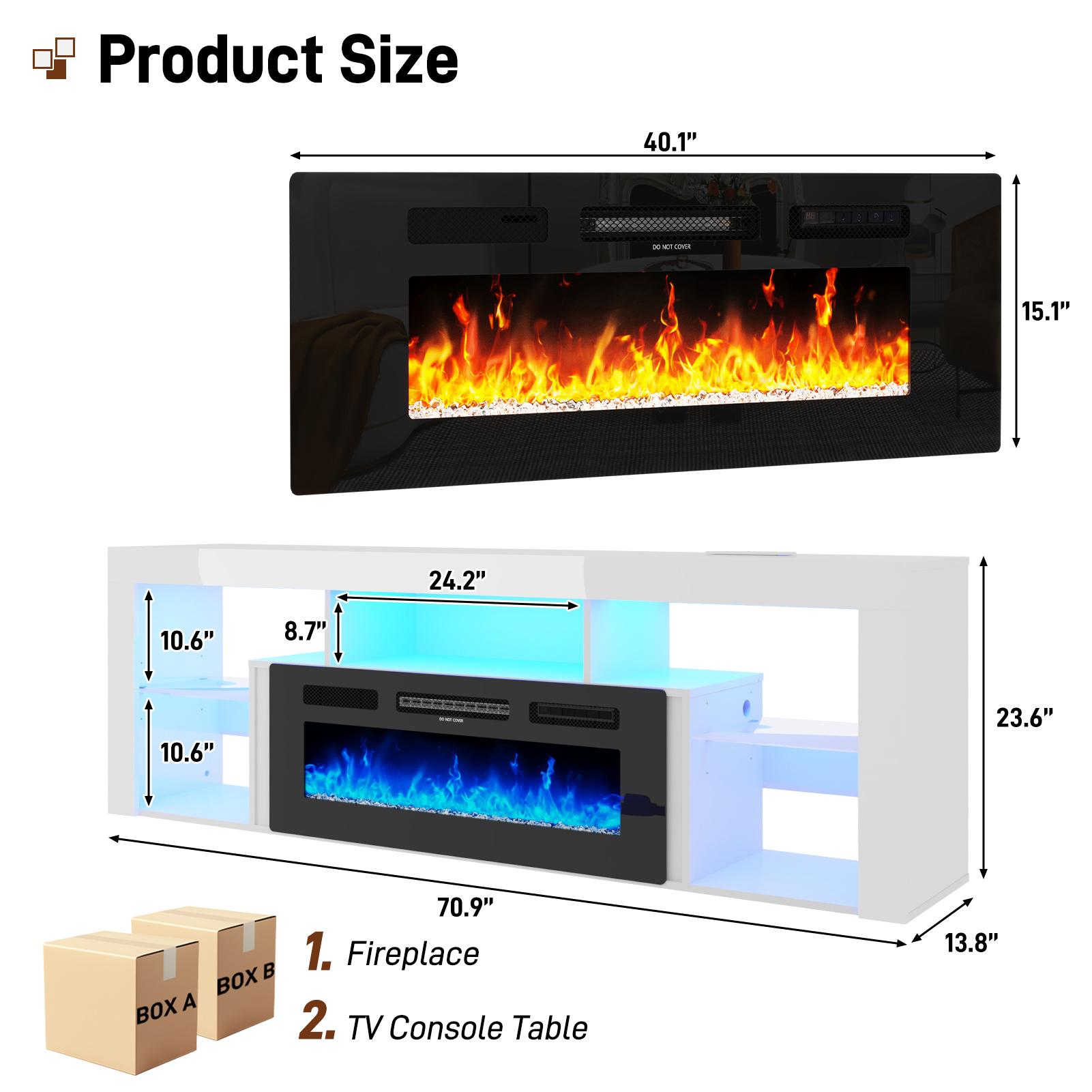 【2Packages Shipping】71" Floating Fireplace TV Stand for up to 85" TVs, Modern High Gloss Entertainment Center w/40 Electric Fireplace, Charging Station&LED Lights, Fireplace TV Media Console w/Storage, Black/white