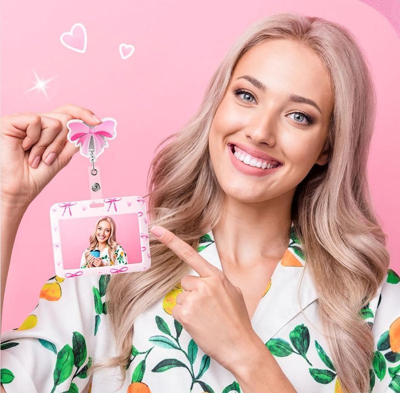 Nurse Day Gift Nurse Badge Reel Pink Bow ID Holder Retractable Badge Reel 4.72 x 3.54In Cute Nurse Badge Reel ID Card Holder with Alligator Clip for Doctor Nurse Teacher Student Office Worker Volunteer Healthcare Accessories, Easter Nurses Week Gift