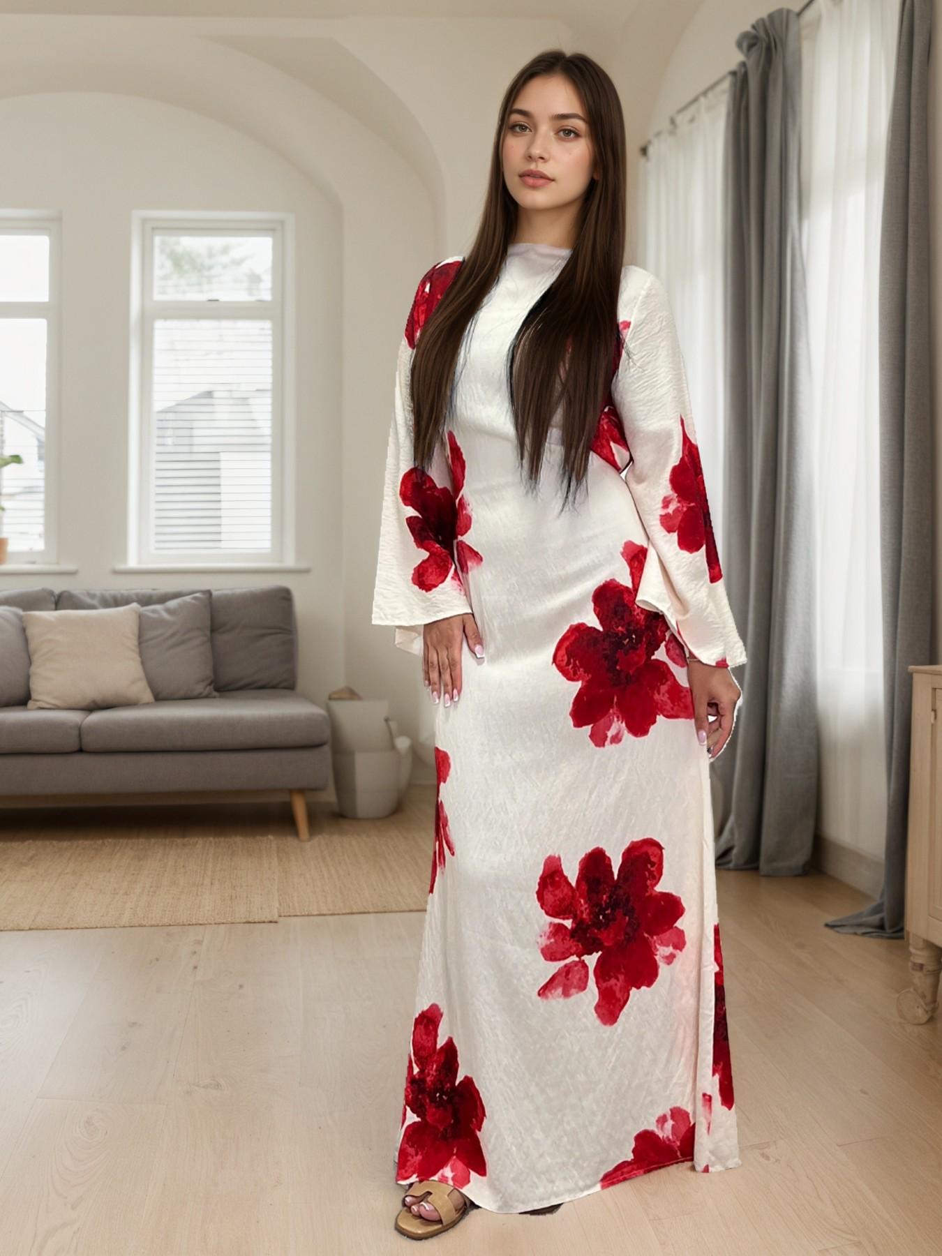New Women's Elegant Loose-Fit Long Dress, Modest Muslim Clothing, Multi-Color Choice, Bell Sleeve, All Over Floral Print, Casual Daily Wear, Vacation Dress