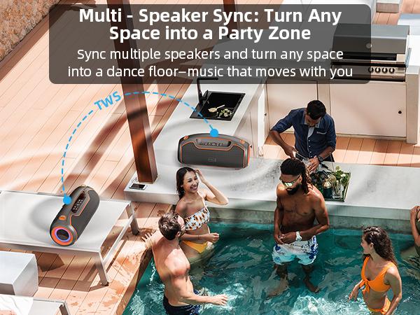 Portable Bluetooth Speakers 200W Peak Sound Deep Bass IP65 Waterproof Outdoor w 2 Subwoofer Tweeter DSP Bass Boost Fast Charging TWS TF USB AUX 24H Playtime Audio