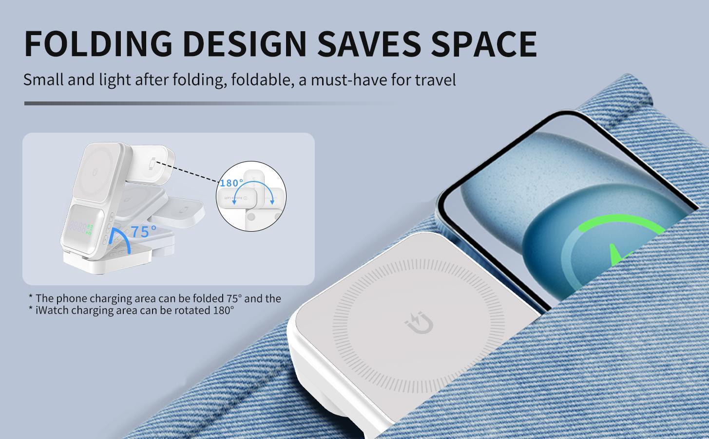S1-A Folding 3-in-1 Magnetic Wireless Charging Station with Digital Clock - Fast Qi Charger for Qi-Enabled Cellphones, Wearables & Earbuds, Desk & Travel Portable Electronic Accessories Dock Stand
