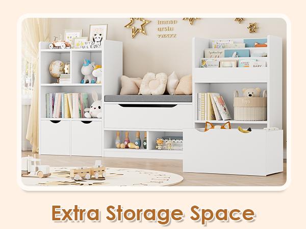 FOTOSOK 72'' Kids Bookshelf with Reading Nook, Large Toy Storage Organizer with Seat Cushion and 3 Movable Drawers, Kids Reading Nook Toy Organizers and Storage with Bench for Playroom