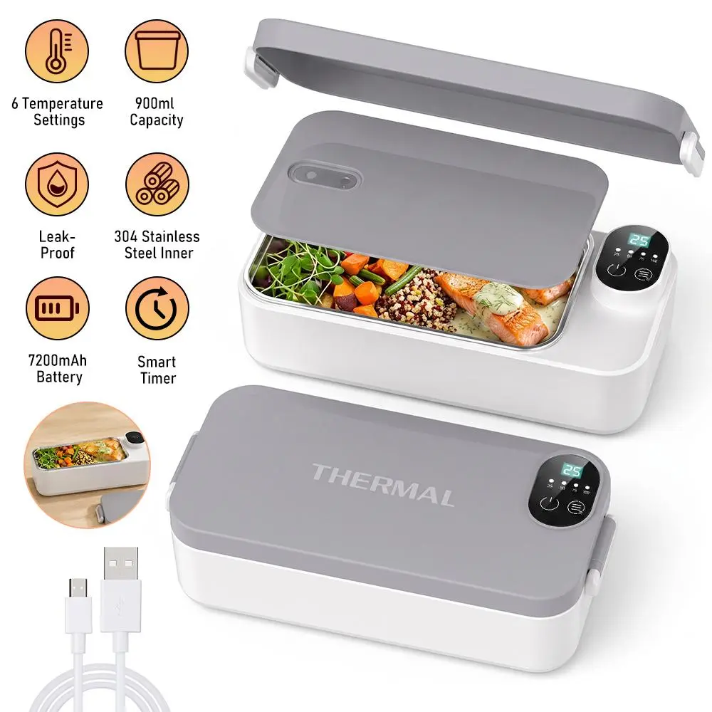 Upgraded Portable Steel Heated Lunch Box Warmer - Timer-Controlled, Rechargeable, 900LM, Compact, Insulated, with Tableware for Daily Use (For Men & Women)