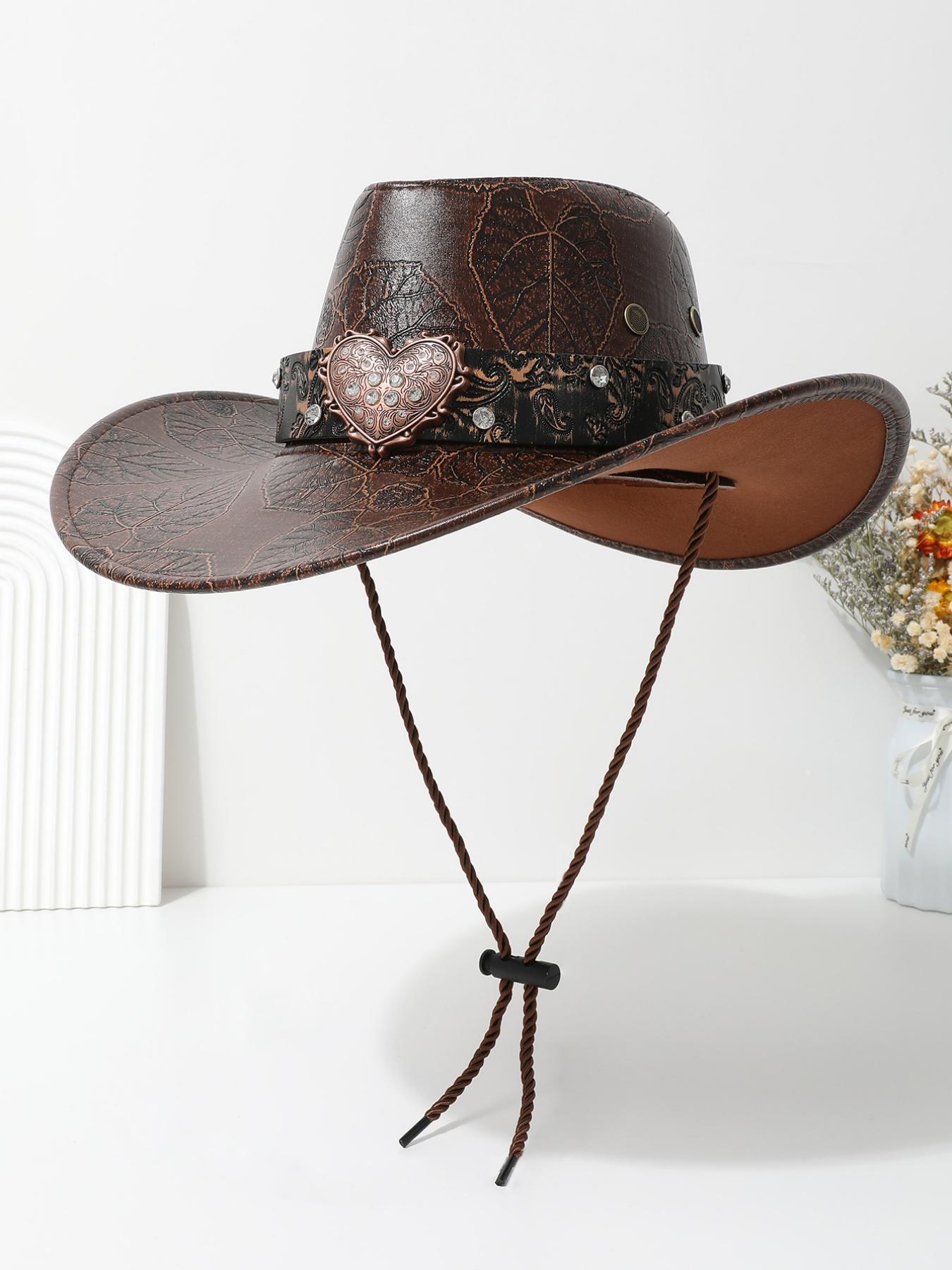 Vintage Heart-Shaped Rhinestone Leather Classic Cowboy Hat, Western Paisley Pattern Sun Hat, Unisex Daily Wear Party Cap