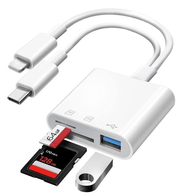 Multifunctional USB-C & Lightning Card Reader, Fast Transfer Adapter for iPhone/iPad/laptop, Supports SD/TF/micro SD Cards, No APP Needed
