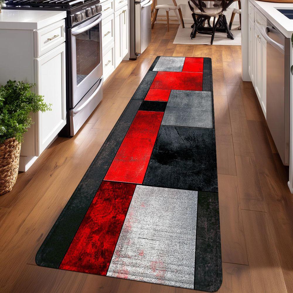 1PC， Red Black Gray Geometric Splicing Patterned strip rugs, home décor, bathroom mats, entryway mats, bathroom non-slip mats, indoor entrance rugs, bedroom bedside mats, kitchen mats, hallway rugs, flannel sponge rugs, hallway runner rugs