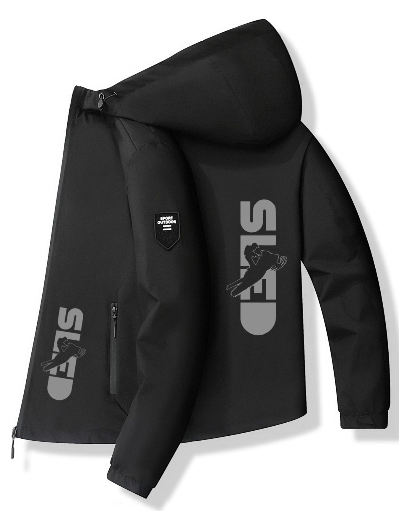 Snowmobile Letter Hoodie Jacket, Polyester Fabric, Stylish Print Design, Casual Slim Fit, Spring & Fall Fashion Outerwear