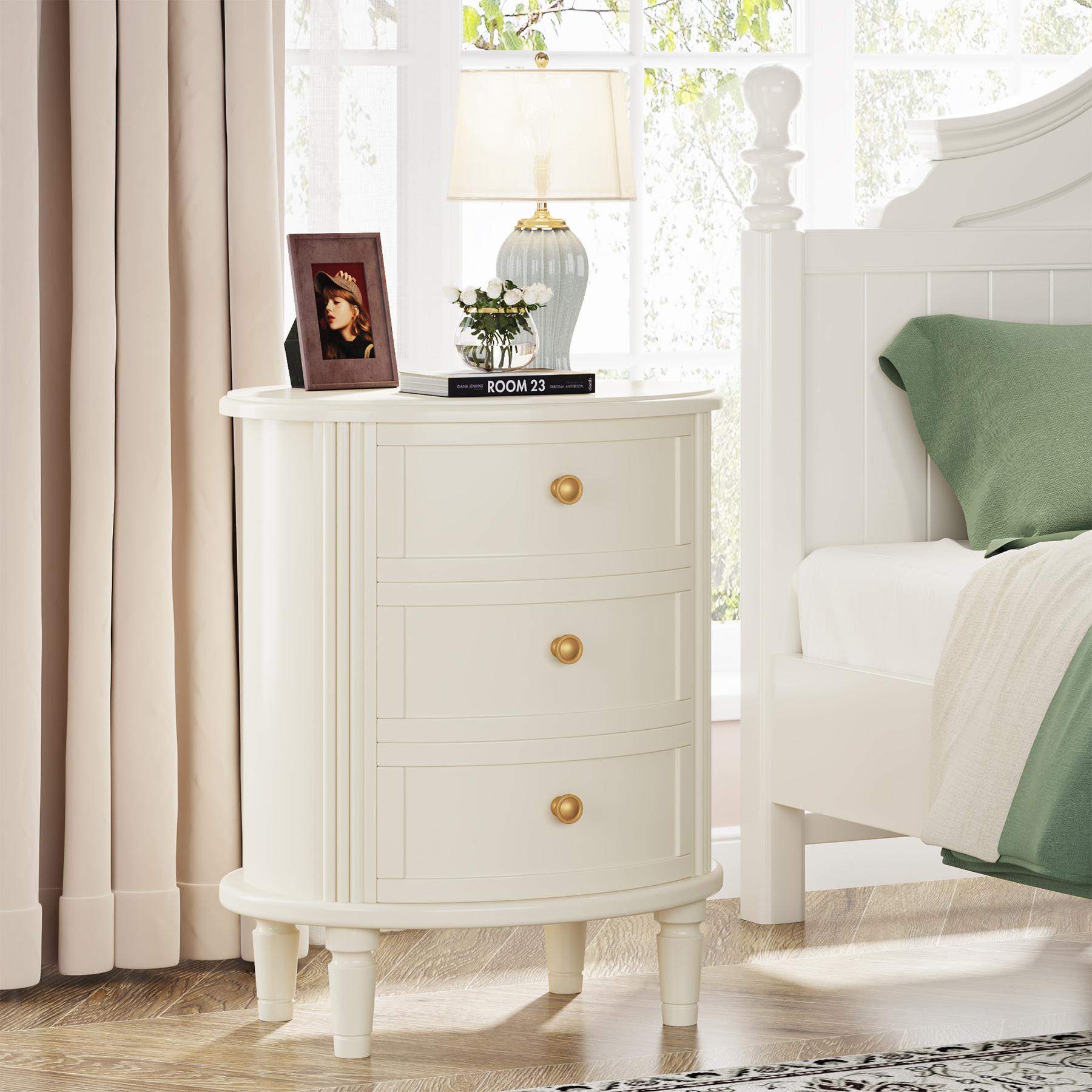 LITTLE TREE Nightstand with 3 Drawers, Oval Bed Side Table for Bedroom, Fully Assembled, Farmhouse Night Stand with Storage, Wooden Side End Table with Solid Wood Legs for Living Room