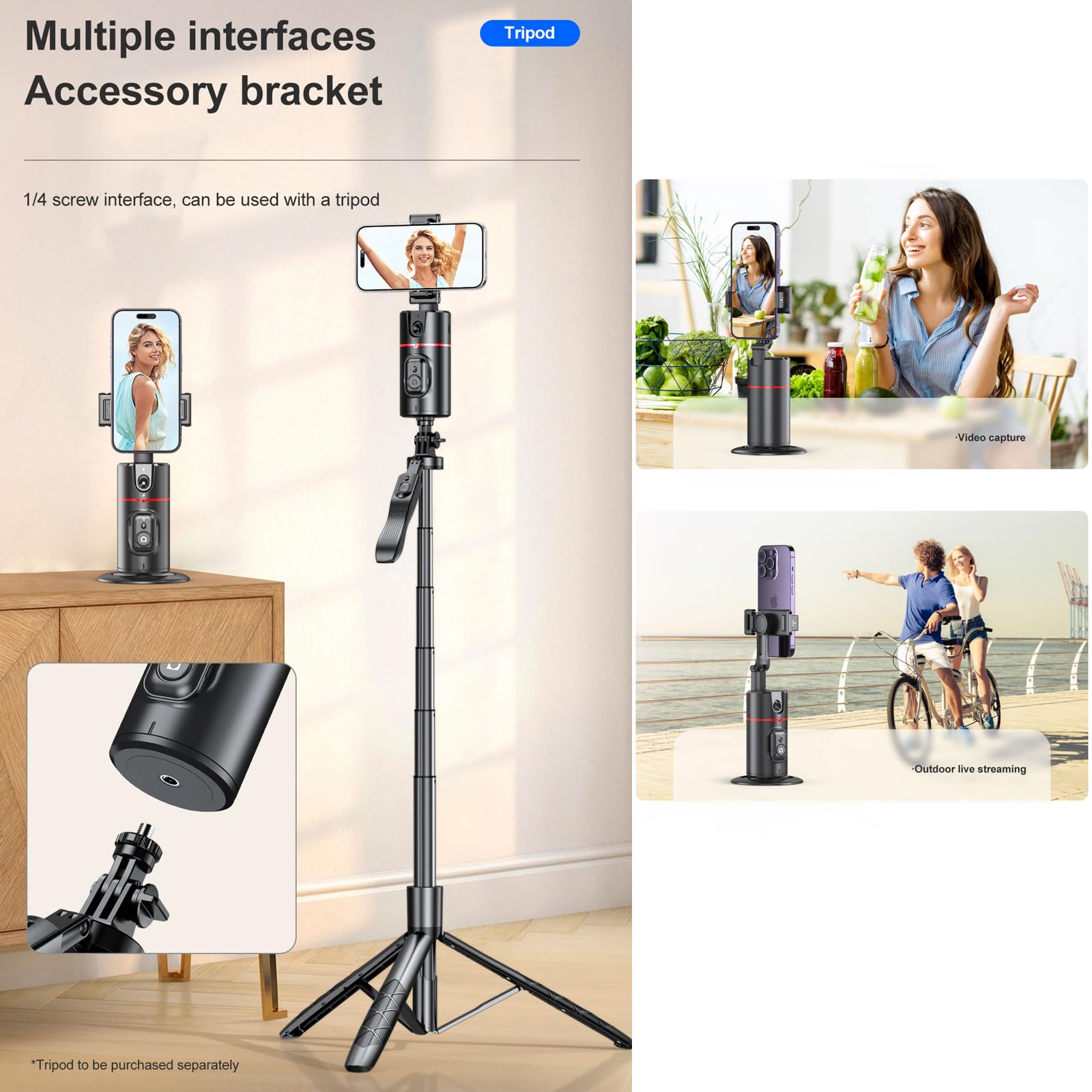 Smart Auto Face Tracking Tripod, 360° Rotation Phone Holder for iPhone Android, No App, Camera Mount Stabilizer for Vlog, TikTok, YouTube Live Smart Auto Face Tracking Tripod, 360° Rotation Phone Holder for iPhone Android, No App, Camera Mount Stabilizer for Vlog, TikTok, YouTube Live
