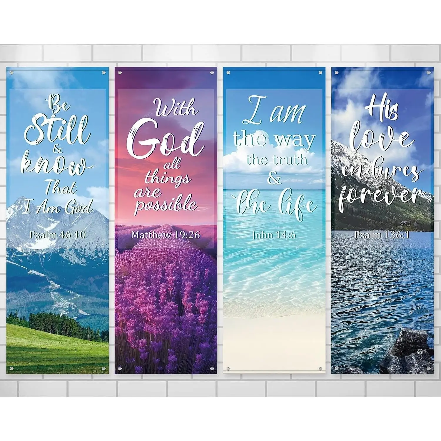 4-Piece Hanging Set of Welcome Inspirational Religious Church Banners, Scenic Patterns with Scripture Texts, Wall Decor for Sanctuary Church Use
