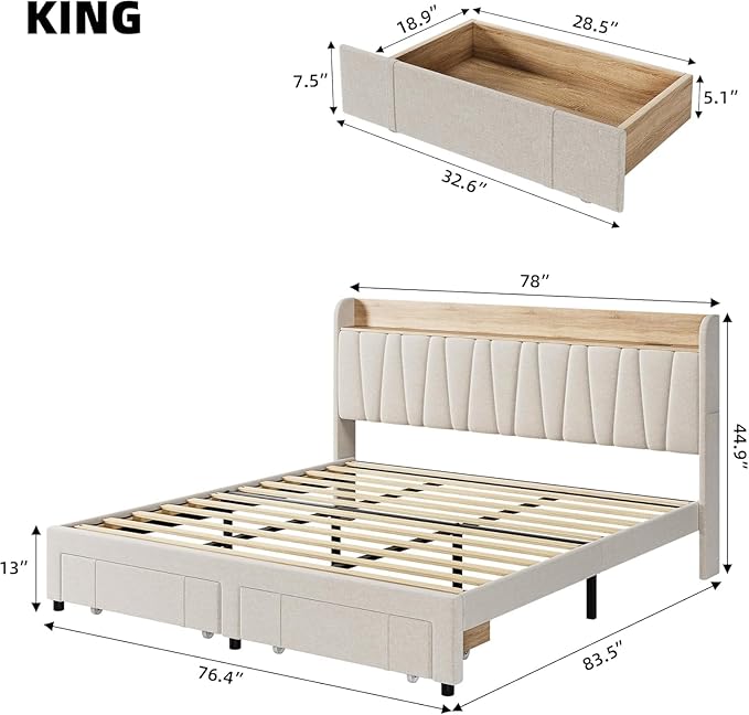 Bed Frame with Storage Headboard and Charging Station, Upholstered Platform Bed Frame with Drawer, Mattress Foundation with Solid Wooden Slats Support, No Box Spring Needed