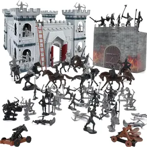 Plustopoy Medieval Castle Knight Toy Soldier Army Figurines, DIY Assembled Cavalry, Arrow Tower,8 Knights and 8 Horse, 36 Soldiers, Simulated Siege War of Attack Castle Toy for Boys