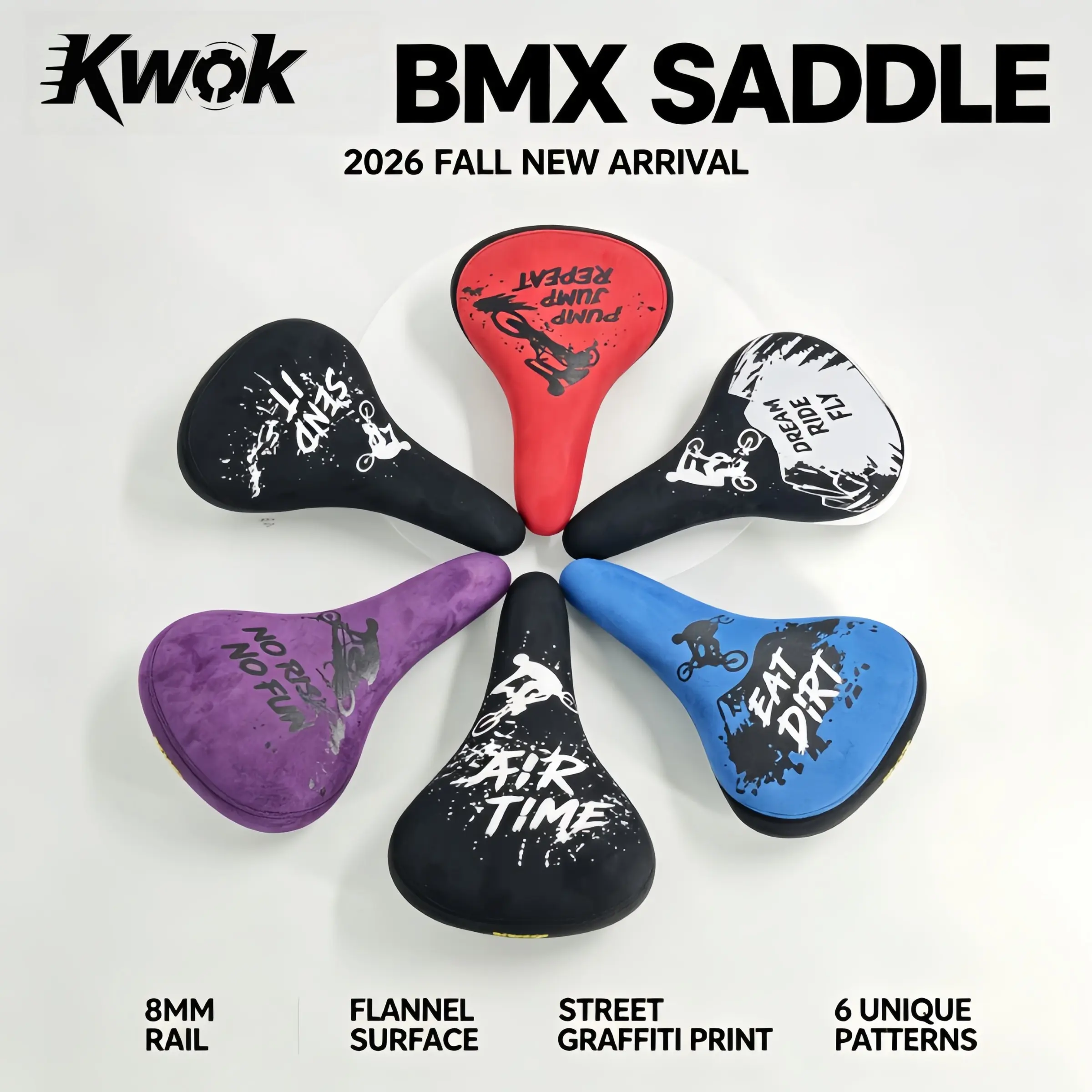 Kwok Bmx Bike Seat Pad, Vintage Graffiti Print, Wide Thick Saddle, Dual Track, for Stunts, Dirt Bikes, Mountain Bikes, Performance