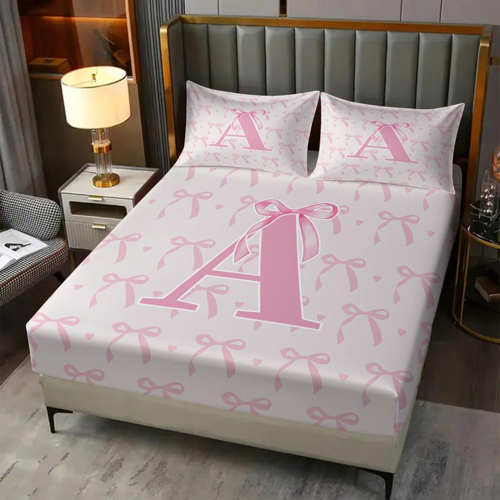 3Pcs Pink Bow Fitted Sheet Set, Custom Initial Sweet Print, Breathable Non-slip Fit, Ideal for Bedroom Dorm Home Decor