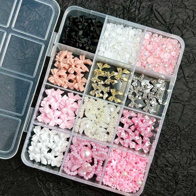 1 Box Pure Color Bow Resin Nail Charms Minimalist Half Round Pearl Alloy Bows Nail Art Decorations DIY Phone Case Nail Crafts